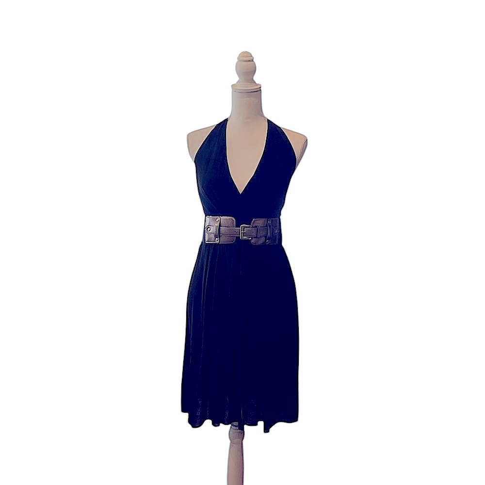 BCBGMaxAzria Black Halter Dress w/thick Silver Belt for a Sleek Silhouette look